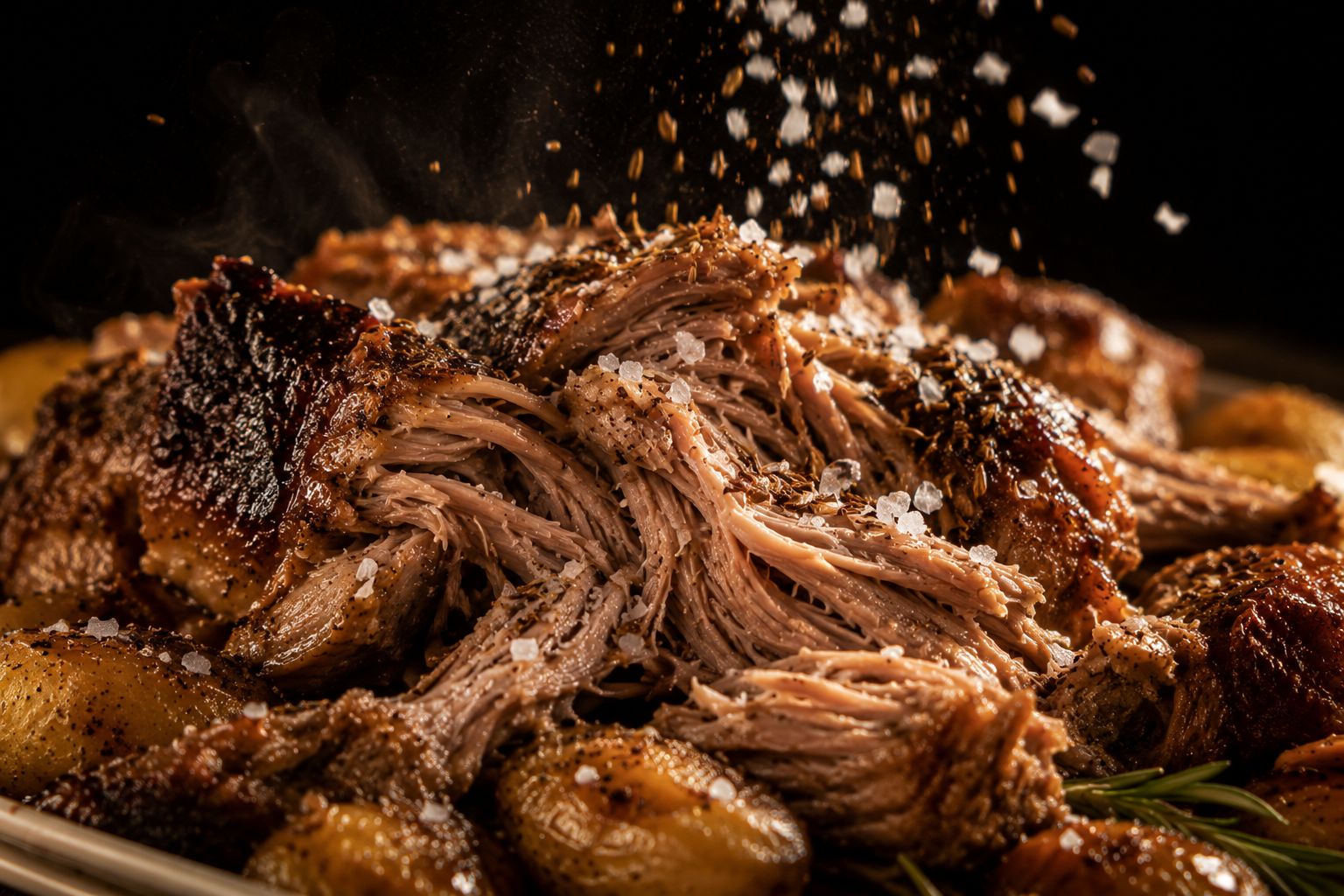 Méchoui effiloché fumant, cumin et fleur de sel