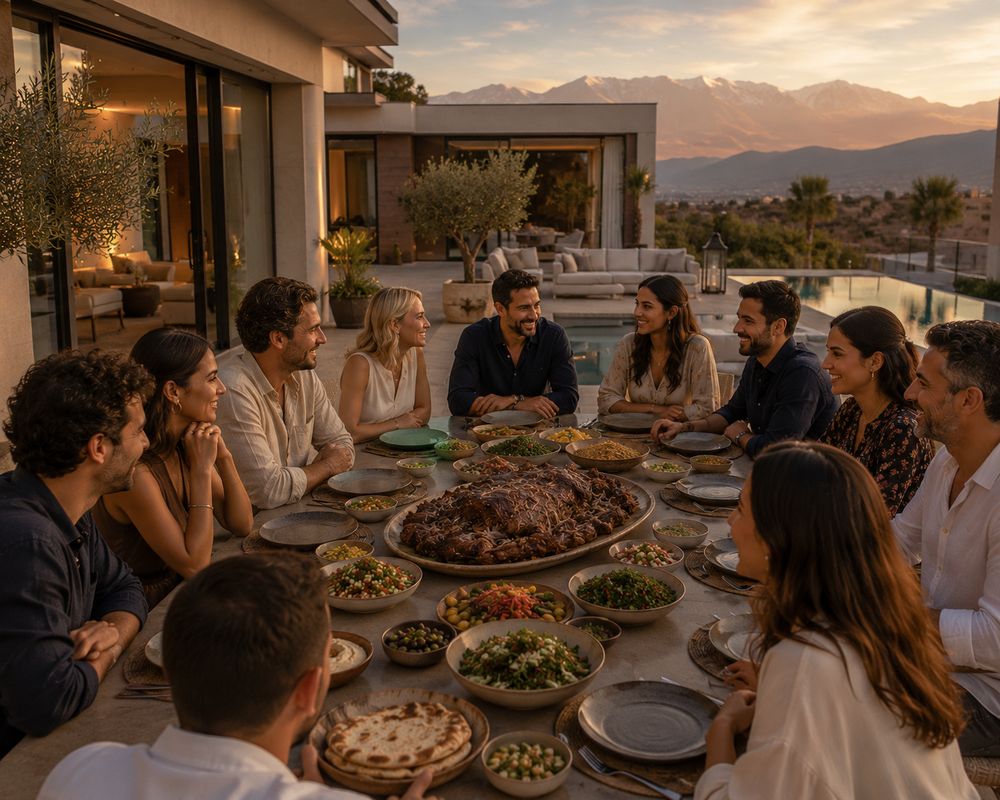 Méchoui de fête servi en terrasse à Marrakech