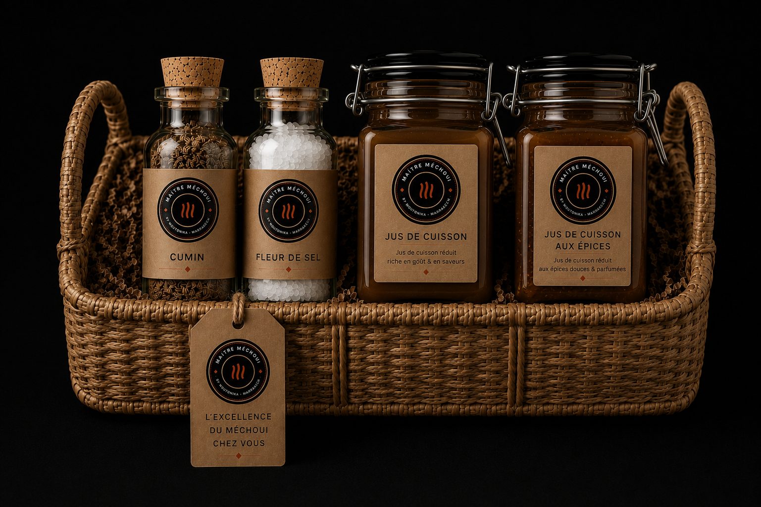 Panier d'accompagnements Maître Méchoui : cumin, fleur de sel, jus de cuisson nature et aux épices