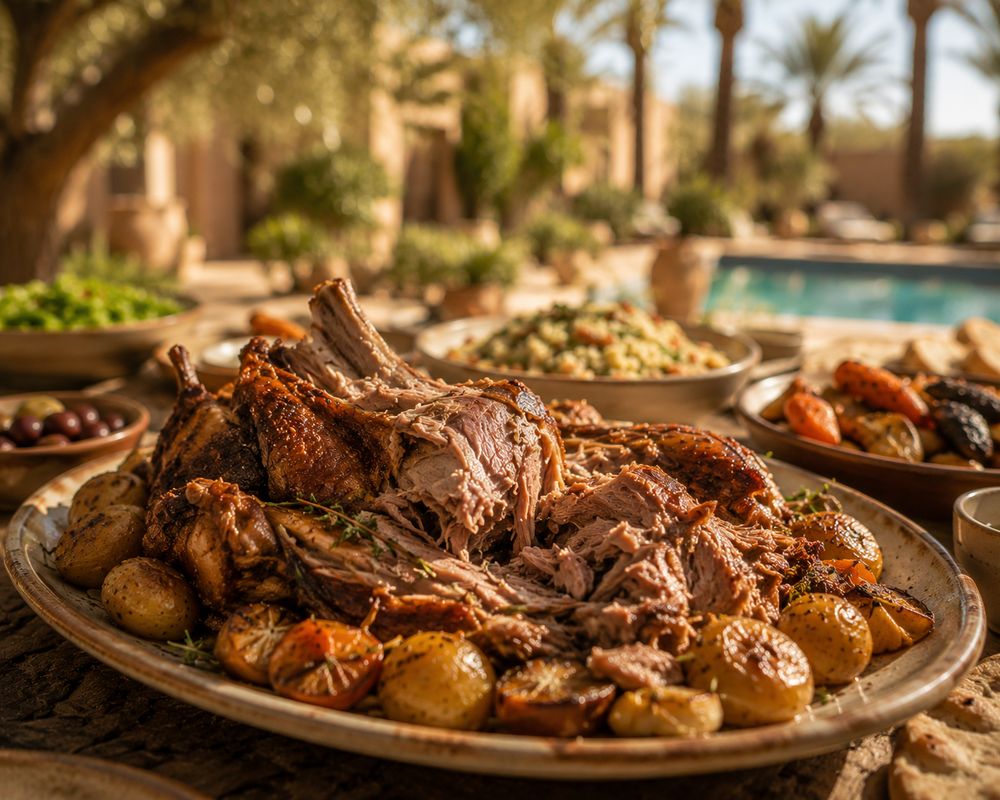 Plat de méchoui traditionnel dressé, prêt à servir